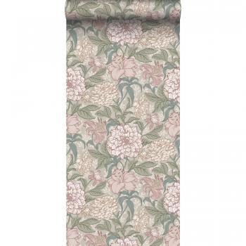 Papier peint vintage fleuri vieux rose et vert