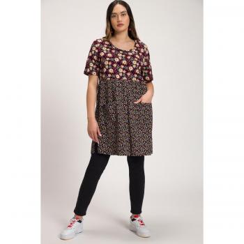 Tunica lunga svasata in cotone con rose e puntini, Donna, Nero, Taglia 52/54