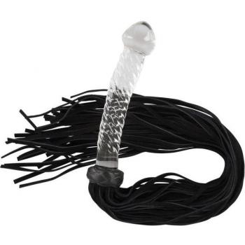 Bad Kitty Lederpeitsche mit Glas-Dildo Griff, Schwarz/Transparent