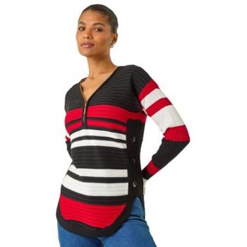 Roman Women's Black Stripe Zip Ribbed Knit Pullover – 20