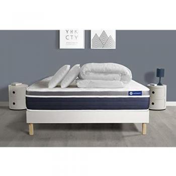 Matelas Ressorts ensachés + mémoire de Forme 160x200 + sommier KIT Blanc + 2 oreillers + Couette