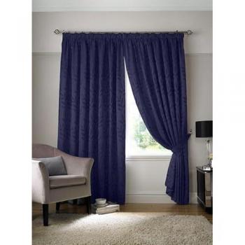 Navy Tivoli Leaf Lined Pencil Pleat Curtains Pair