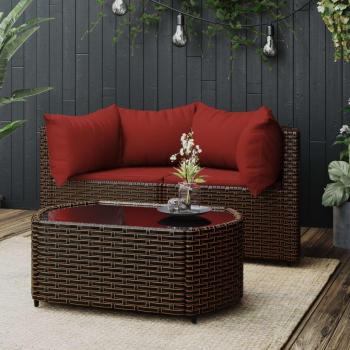 VidaXL Brown Poly Rattan 3 Piece Garden Seating Set with Cushions