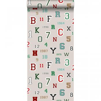 Papier peint pour enfants beige – chiffres et lettres – 53 cm x 10,05 m – ESTAHOME – à coller