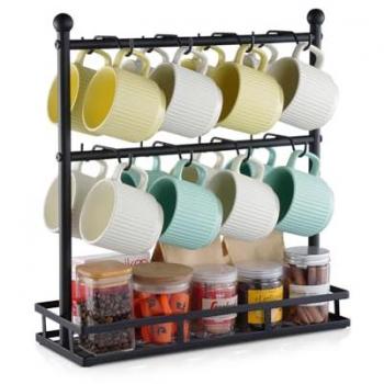 Rangement tasses café 2 niveaux, 16 crochets, support Vevor en acier au carbone