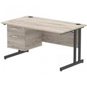Impulse 1400 × 800mm Desktop – Grey Oak with Black Cantilever Legs and Dual Drawer Fixed Ped