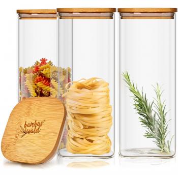 Bocaux de Conservation 1500 ml, Set de 3 – Verre Klarstein avec Joint Silicone et Couvercles en Bambou