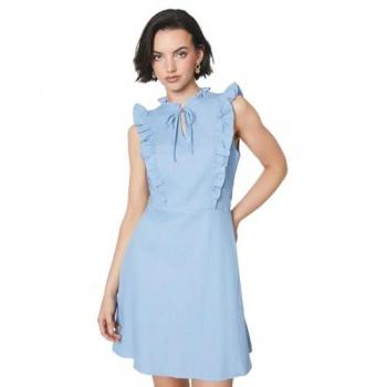 Oasis Women's Blue Chambray Lace Trim Ruffle Mini Dress