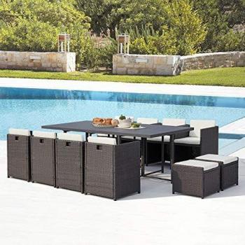 Set Salotto Giardino 12 Posti Resina Intrecciata Grigio/Bianco