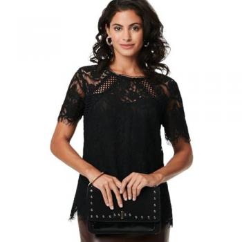 Short Sleeve Lace-Overlay Dress Shirt – Black