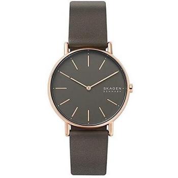 Skagen Signatur dameshorloge met grijze wijzerplaat en zwart leren band SKW2794