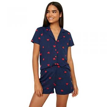 Trendyol Marineblaues Damen-Pyjama-Set aus 100 % Baumwolle