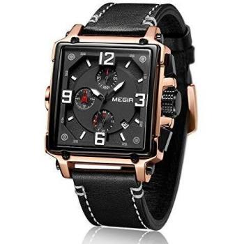 Chronographe MEGIR Noir 2061G – Design Rectangular et Luminosité
