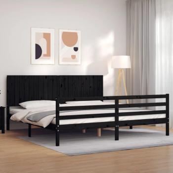 Cama doble con marco y cabecero en negro, tamaño 200×200 cm