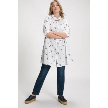 Blusa bianca svasata con foglie ricamate, colletto da camicia e maniche a 3/4, Donna, Taglia: 52/54, Cotone