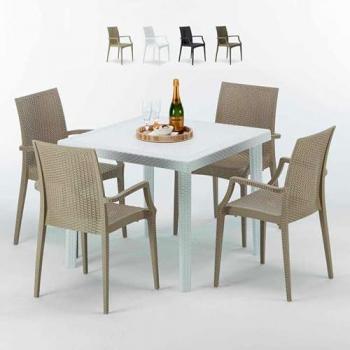 Mesa Grand Soleil 90cm x 90cm, 4 Sillas Bistrot Arm Love en Beige