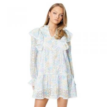 Oasis Petite Blurred Floral Broderie Frill Detail Mini Dress Blue 14