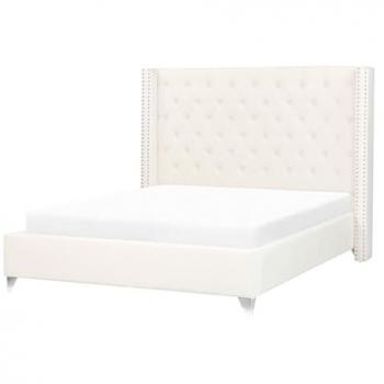 Letto Matrimoniale Imbottito in Velluto Bianco Sporco con Testiera Alta e Dettagli in Rame 140 x 200 cm