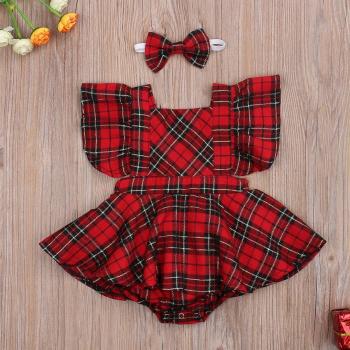 Robe Tutu de Noël à carreaux rouges pour bébés, avec bandeau, automne-hiver