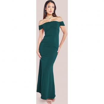Pleated Maxi Dress in Emerald Green Scuba with Bardot Neck by Goddiva