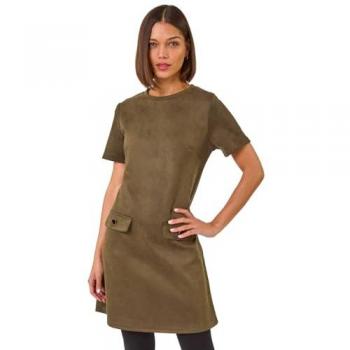 Size 10 Women's Khaki Faux Suede Button Shift Dress
