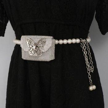 Riñonera de PVC con Cadena de Perlas y Mini Bolsa, Blingbling, Color Blanco y Negro