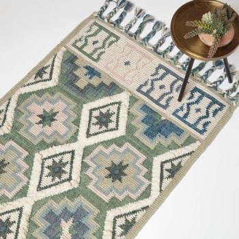 Tapis Matala en laine, design Kilim vert et bleu, 90 x 150 cm