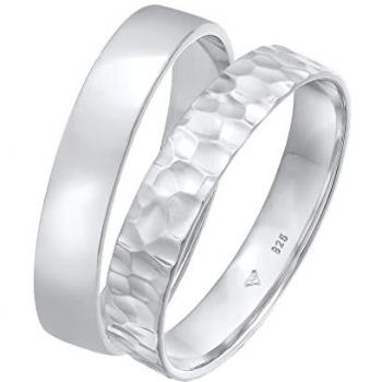 Kuzzoi Herren Ring Set Basic Gehämmert 925 Silber, 2 Stück Bandringe poliert