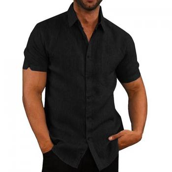 Camisa de Hombre Casual de Verano 100% Algodón Lino Negra XL