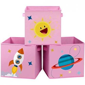 SONGMICS Storage Bins, Set of 3, Toy Organizer Bins, Foldable Storage Cubes with Two Handles, for Kid’s Room, Playroom, Bedroom, 30 x 30 x 30 cm, Space Theme, Pink