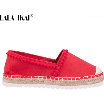 LALA IKAI Women's Pompon Slip-On Espadrilles in Autumn Red