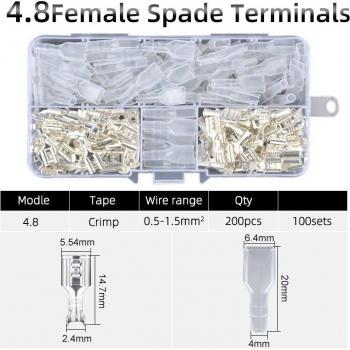 200pcs 2.8mm, 4.8mm, 6.3mm Female Spade Crimp Terminals
