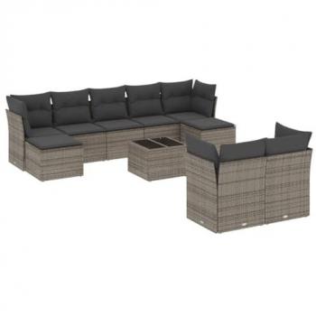 10-Piece Outdoor Sofa Set with Cushions in Grey Poly Rattan