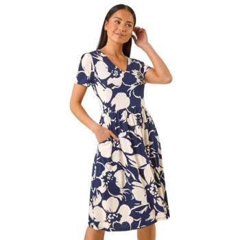 Roman Navy Petite Floral V-Neck Dress – Size 14