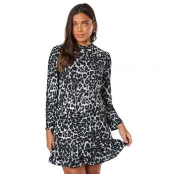 Petite Monochrome Leopard Print Frill Hem Mini Dress