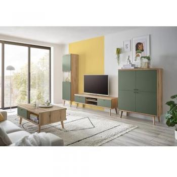 Wohnzimmer-Set AVEZZANO-61, Eiche mit grün, 4-teilig inkl. Beleuchtung