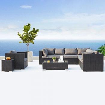 Set Salotto Giardino 8 Posti Resina Intrecciata Nero/Grigio