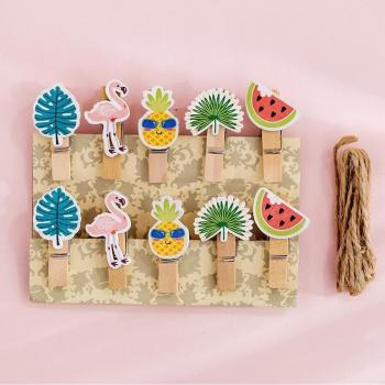 10 pcs Heart Pig Wooden Clips with Natural Rope for Office Supplies