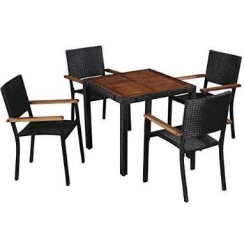 5-teiliges Gartenmöbel Set Poly Rattan Akazie Massivholz Schwarz