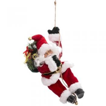 Père Noël suspendu à la corde rouge velours, finition fourrure blanche, 30 cm