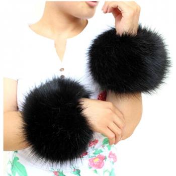 SwirlColor Soft Faux Fur Wrist Band Cuffs Warmer for Women (Black)