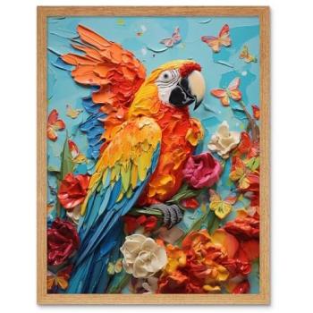 High-Texture Macaw Parrot with Butterflies & Flowers – 12 by 16 Inch Framed Canvas Print