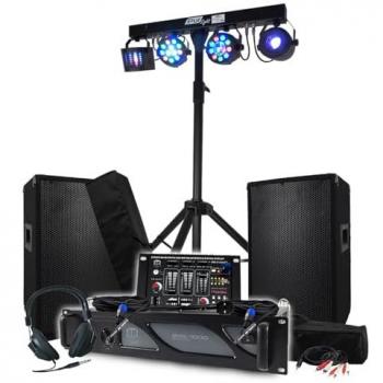 Pack Spectacle Audio 1800 W – Amplificateur BM Sonic 1kW, Deux Enceintes 400 W, Console Mixer, Support + 48 Phases Lumières Euphoria