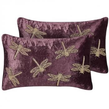 Modern Glam Purple Velvet Dragonfly Pattern Cushions Set of 2 30 x 50 cm