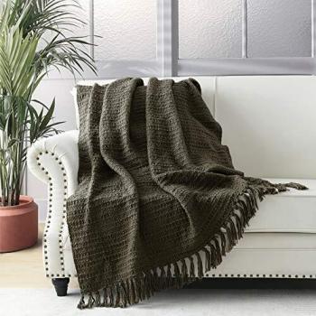 Textured Boho Style Knit Throw with Decorative Fringe