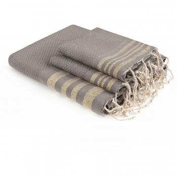 Fouta de bain luxe Febronie taupe clair et or