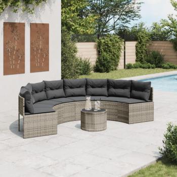 Canapé demi-rond gris pour jardin avec table et coussins