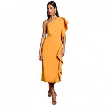 Crimson Orange Ruffle Crepe Pencil Midi