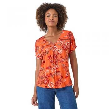 Pleated Floral Front Dress Shirt – Orange