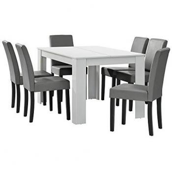 Table à manger 140x90 blanc mat avec 6 chaises gris brillant cuir synthétique rembourré
